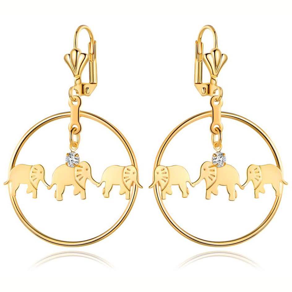 Aretes Colgantes de Elefante con Baño de Oro Hechos con Cristales de Swarovski