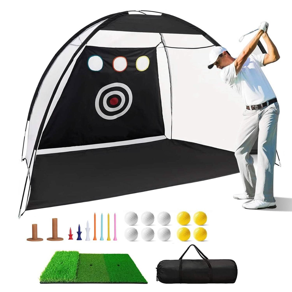 Ayudas de entrenamiento de golf Redes para golpear con tapete de golf Tri-Turf, tela objetivo, 10 pelotas de golf, 7 tees de golf, 2 soportes de goma para tees de golf, bolsa de transporte para deportes de interior y exterior