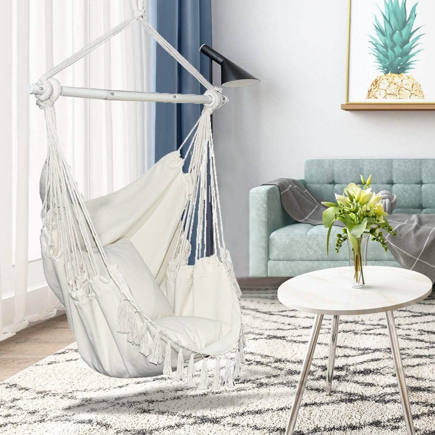 Columpio de Silla Hamaca con Barra de Soporte Metálica Desmontable y 2 Cojines de Asiento