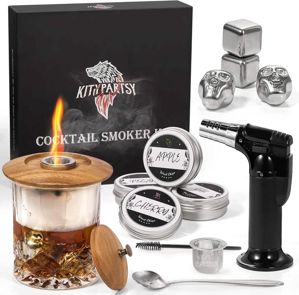 Kitypartsy Ahumador de Cócteles con Soplete, Virutas de Madera y Cubitos de Hielo de Acero Inoxidable