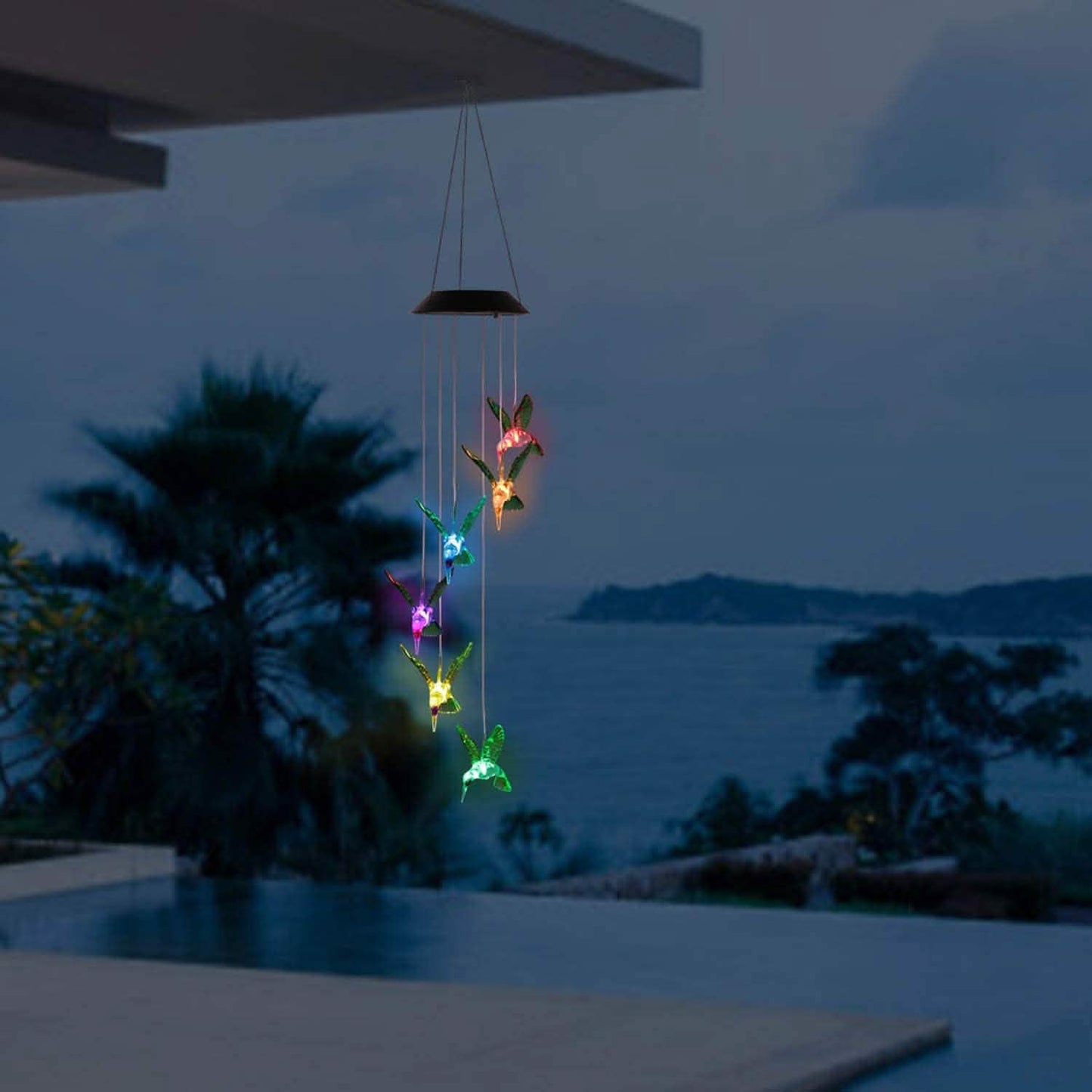 Campanilla de viento solar LED con forma de colibrí