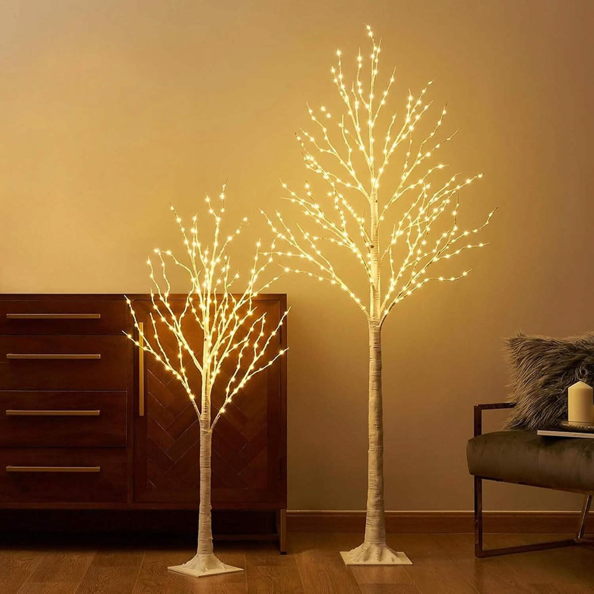 Árbol de Abedul Iluminado Árbol de Abedul Artificial Blanco con 8 Modos de Iluminación Blanco Cálido