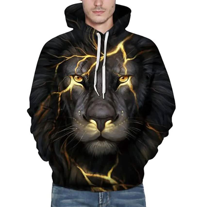 Sudadera con capucha y estampado animal de león 3D de talla grande para hombre