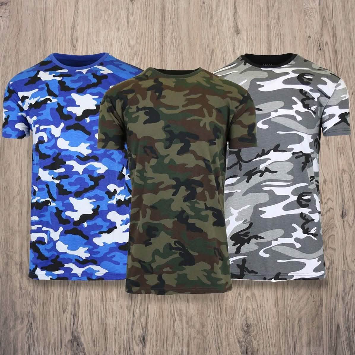 Camiseta de manga corta con cuello redondo y estampado de camuflaje para hombre