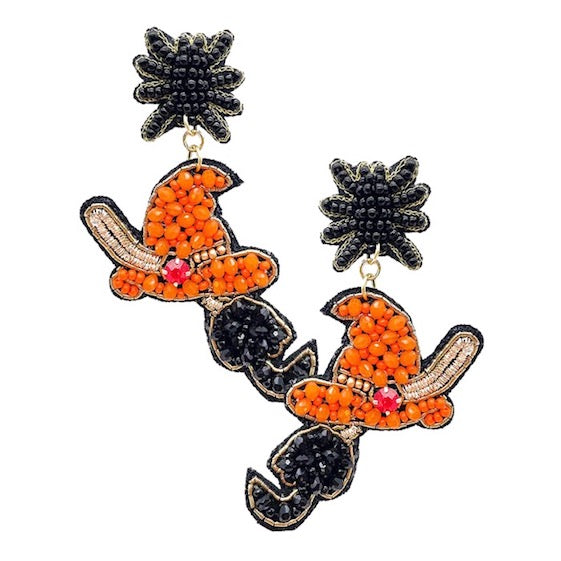 Multi Beaded Witch Hat Broom Dangle Earrings