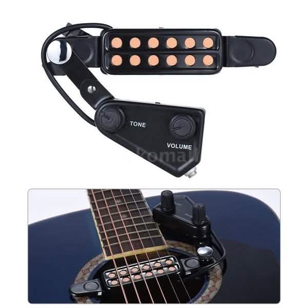 Herramientas musicales Pastilla de boca de guitarra acústica de 12 orificios Transductor magnético con controlador de volumen de tono Cable de audio