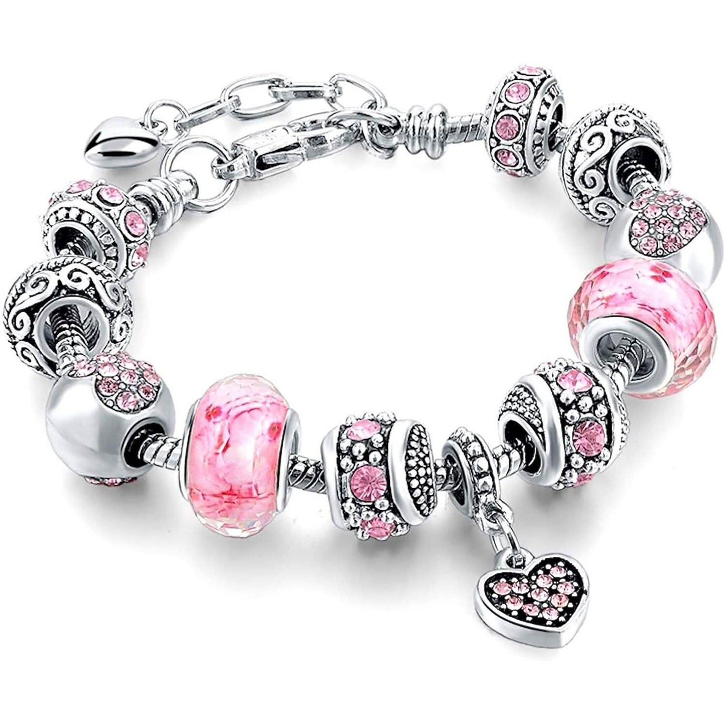 Pulsera de abalorios de cristal con cuentas de corazón de amor rosa con extensor