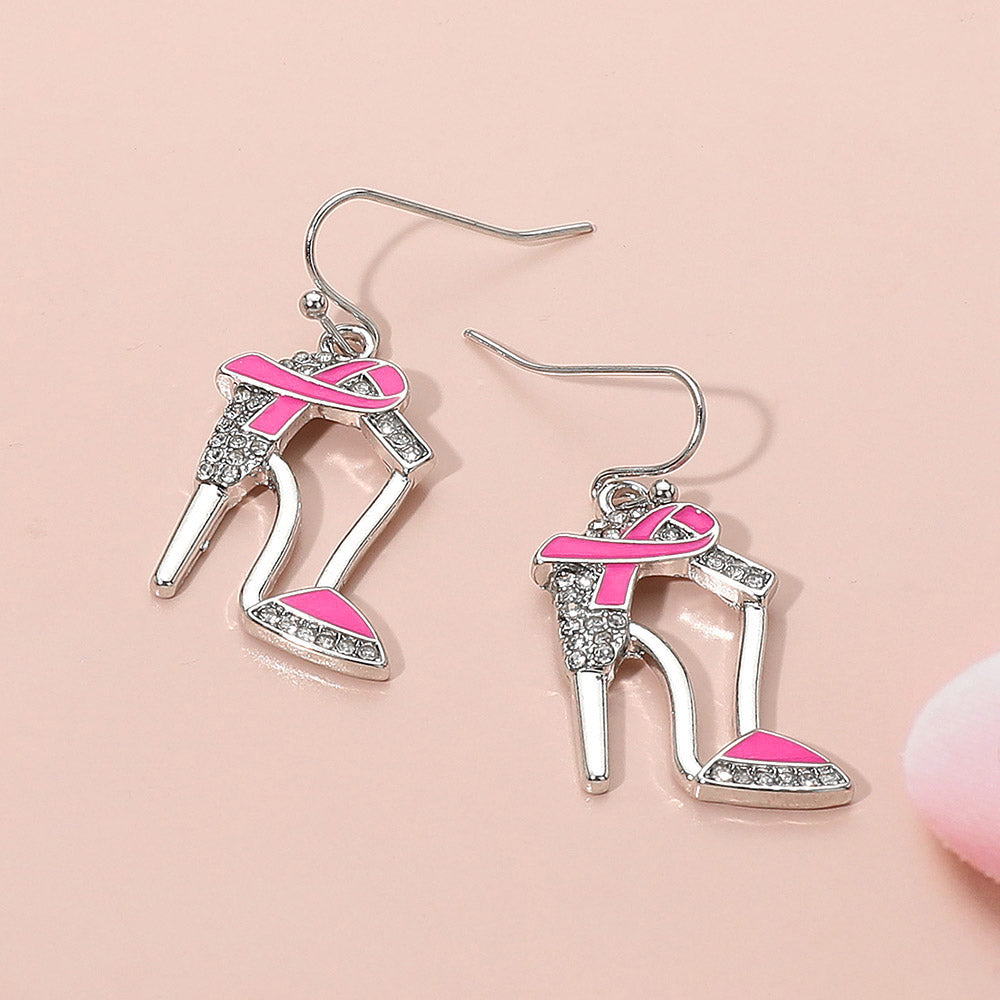 Pink Ribbon Accent Rhinestone Paved High Heel Dangle Earrings
