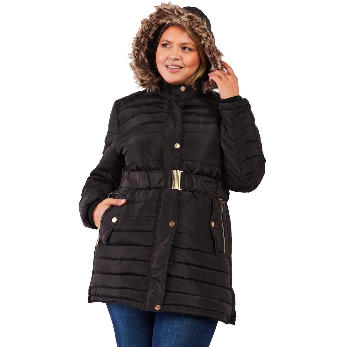 Chaqueta Acolchada Larga con Capucha de Pelo Sintético, Cinturón y Acolchado en Paralelo Talla Grande