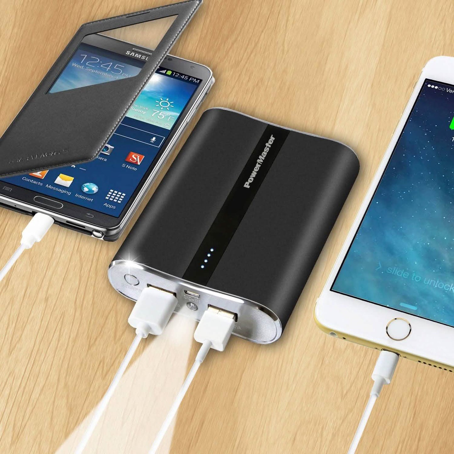 Cargador portátil Powermaster de 12000 mAh con puertos USB duales y salida de 3.1 A