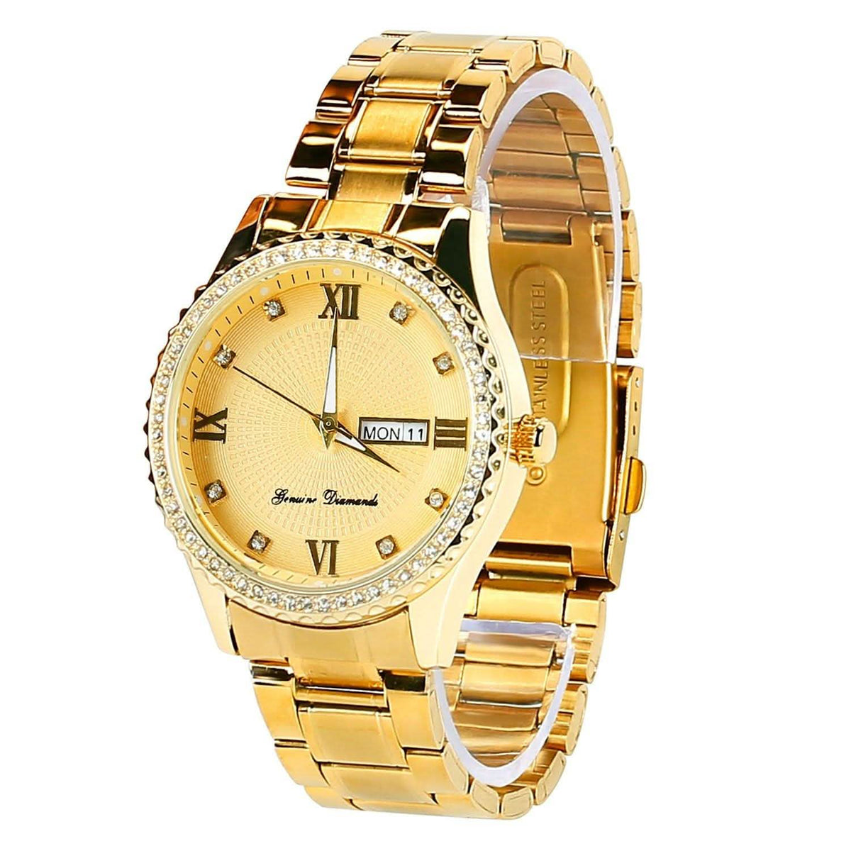 Reloj de cuarzo de lujo con diamantes de imitación de cristal de acero dorado