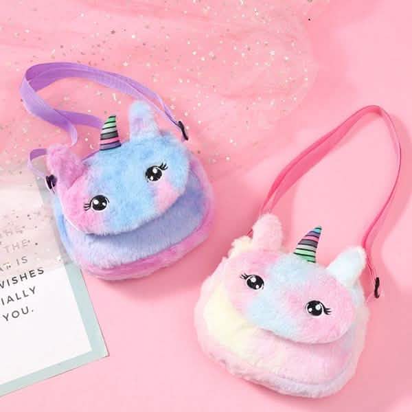 Bandolera de peluche de unicornio arcoíris