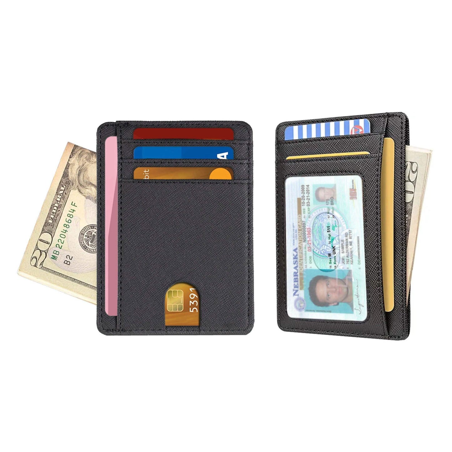 Billetera de cuero delgada minimalista con bloqueo RFID para hombre y mujer para bolsillo delantero