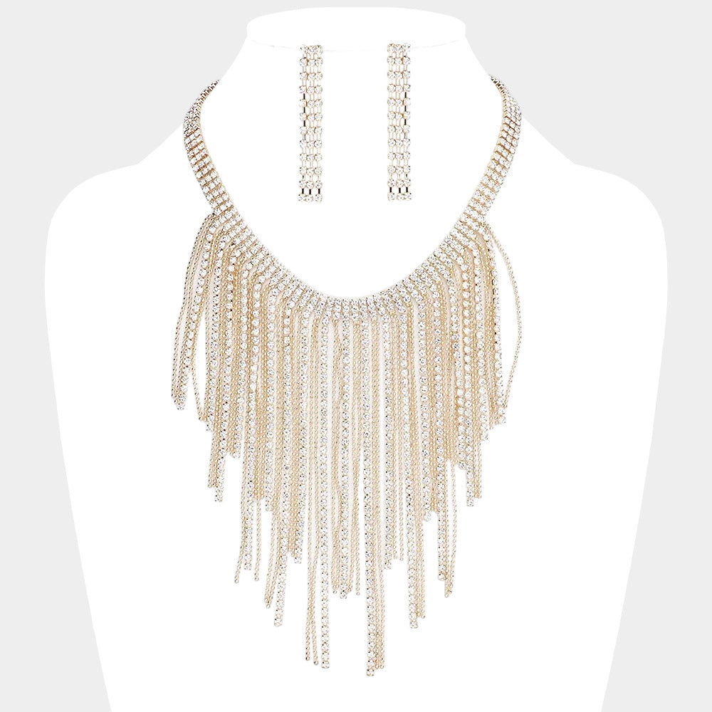 Rhinestone Metal Ball Chain Fringe Choker Necklace