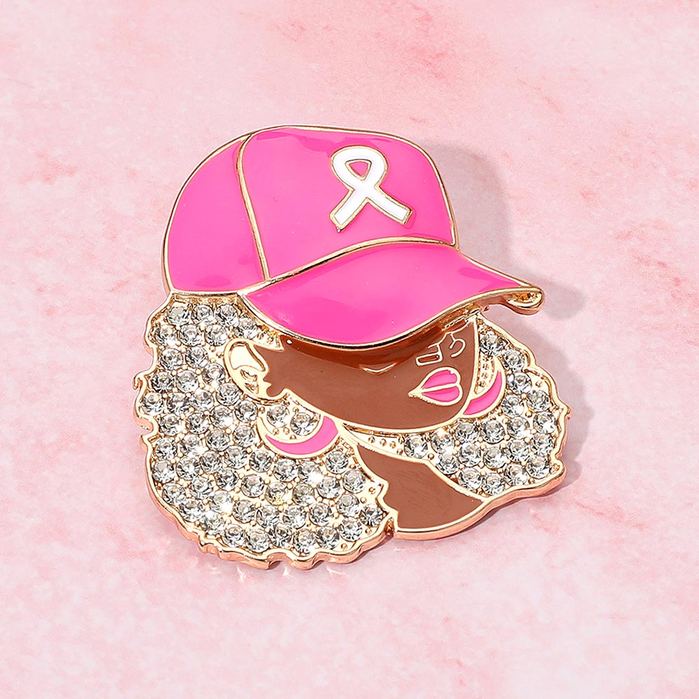 Women's Rhinestone Paved Cool Afro Woman in Awareness Pink Ribbon Cap Pin Brooch