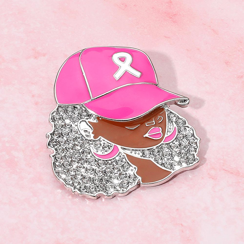 Broche de gorra para mujer, diseño de mujer afro con diamantes de imitación y cinta rosa de concienciación