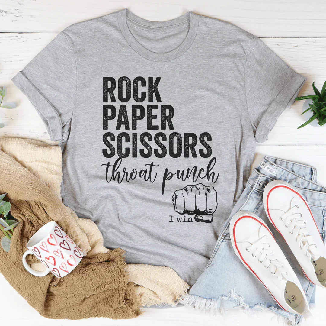 Women's Funny Sarcastic Graphic T-Shirt – Rock Paper Scissors Throat Punch I Win Tee
