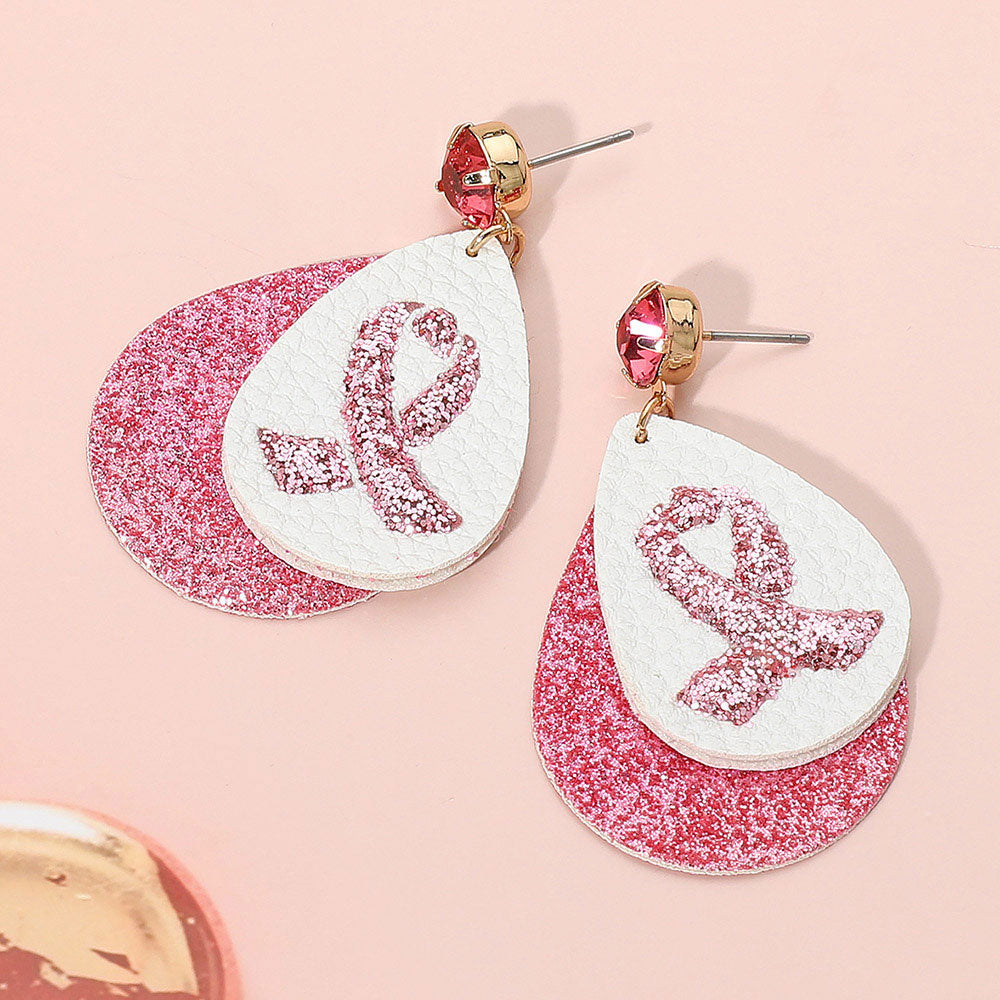 Round Stone Bling Pink Ribbon Accented Teardrop Dangle Earrings