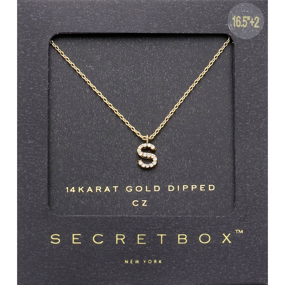 -S- Secret Box 14K Gold Dipped Cubic Zirconia Initial Monogram Pendant Necklace
