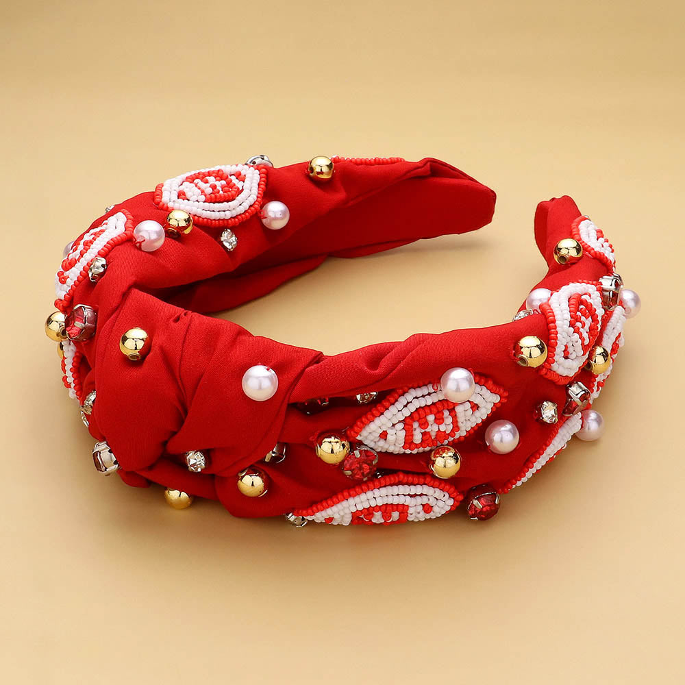 Seed Beaded Football Pearl Stone Cluster Embellished Knot Headband