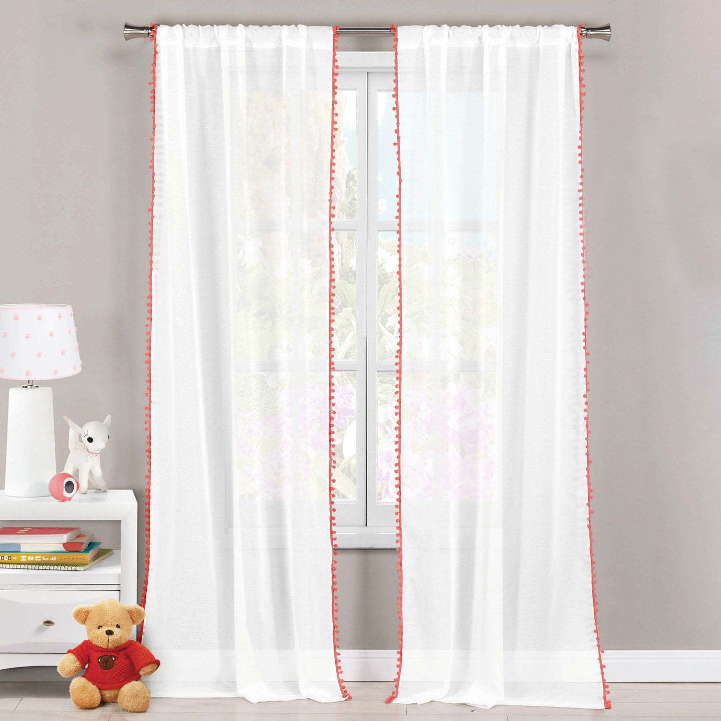 Juego de 2: Paneles de cortina de ventana semitraslúcidos con pompones