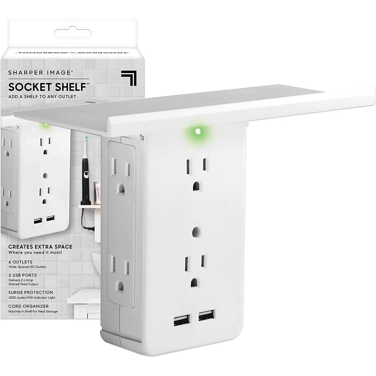 Enchufe de pared con protección contra sobretensiones Socket Shelf de 8 puertos, 6 tomacorrientes eléctricos, 2 puertos de carga USB