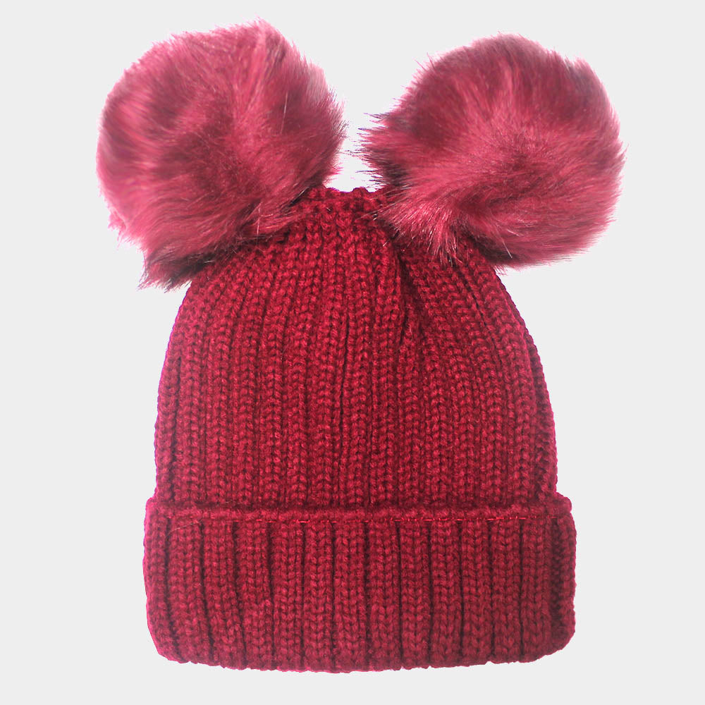 Women's Soft Knit Double Faux Fur Pom Beanie Hat