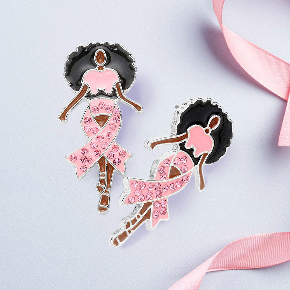 Women's Stone Paved Pink Ribbon Enamel Afro Woman Stud Earrings