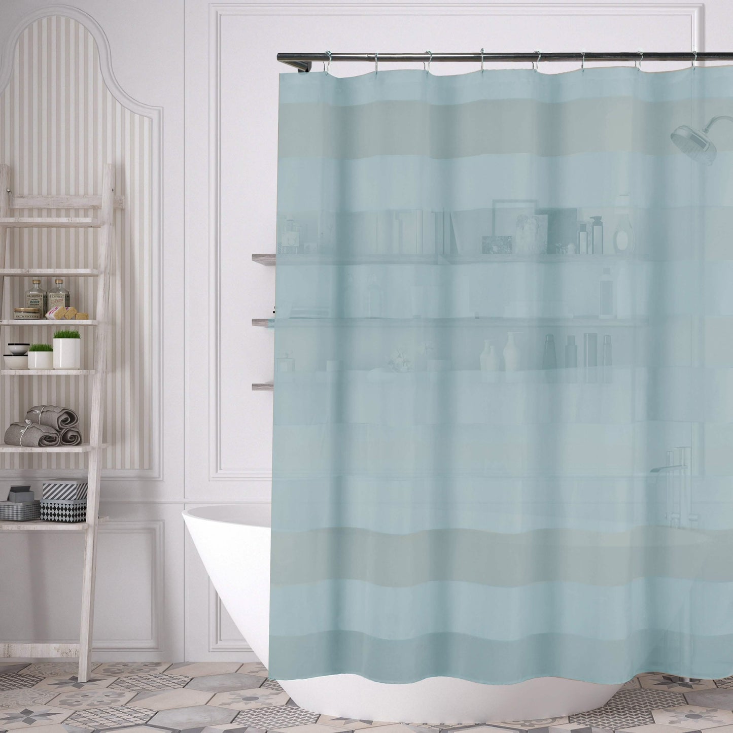 Cortina de ducha a rayas de 70" x 72" con juego de 12 ganchos