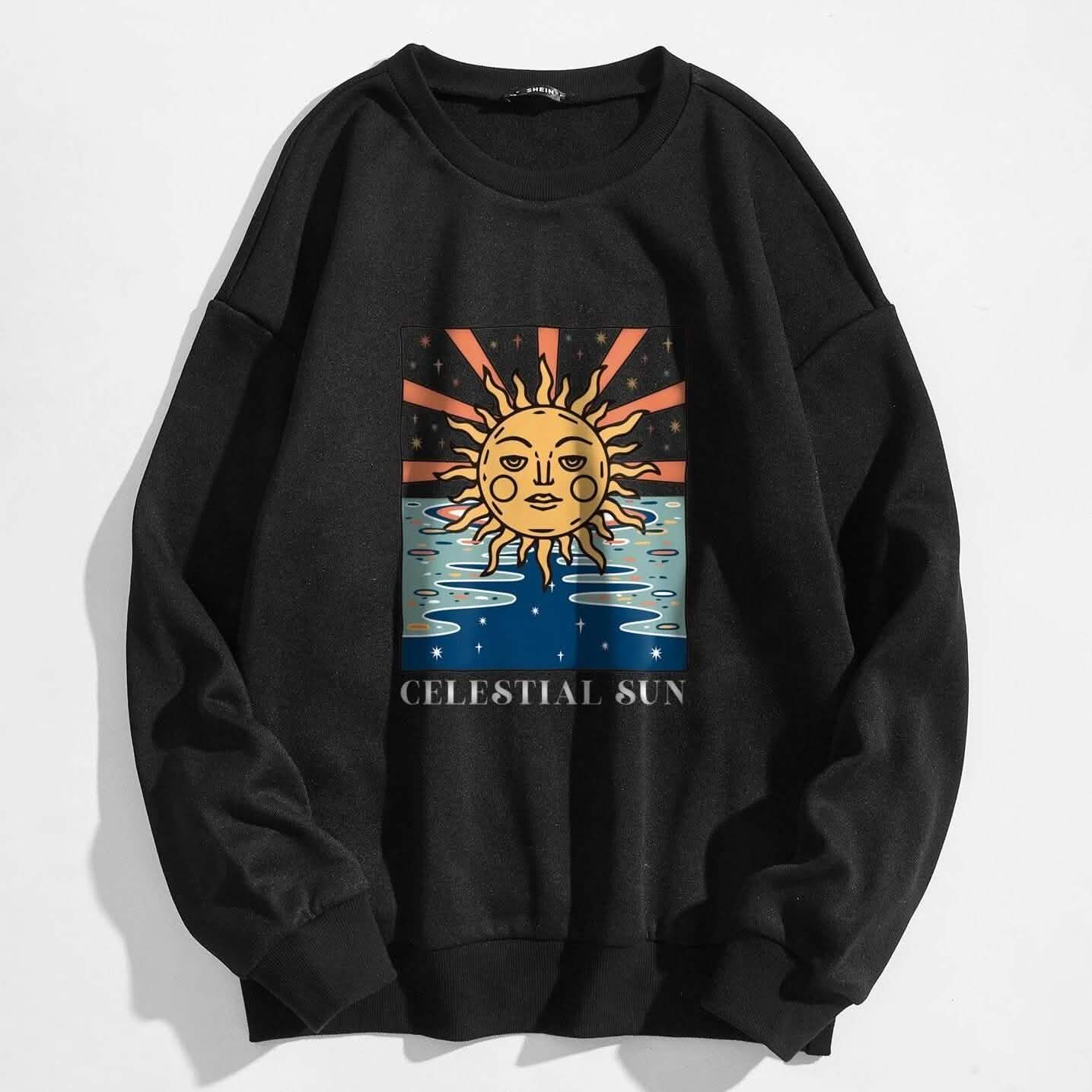 Sudadera térmica ancha con gráfico de sol y letras