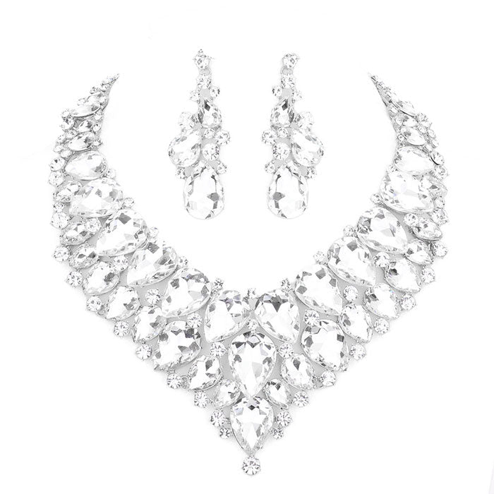 Teardrop Cluster Rhinestone Collar Necklace Earrings Set