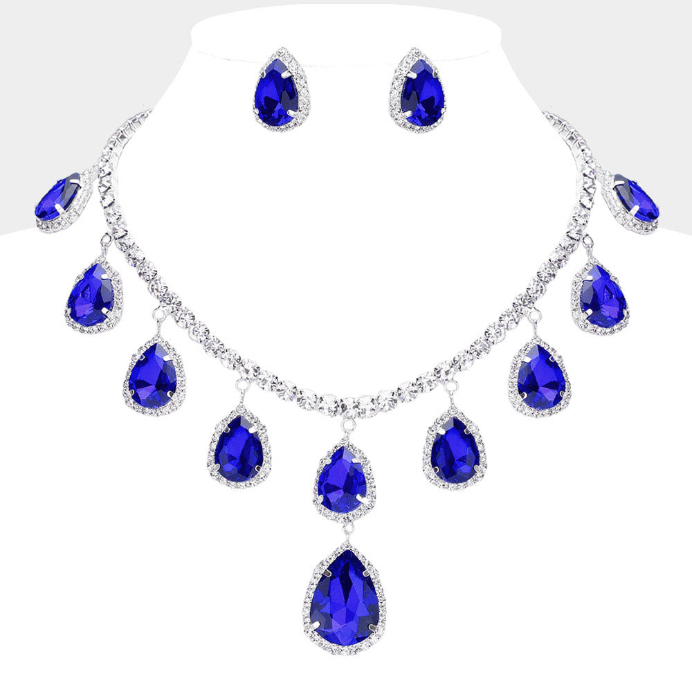 Teardrop Glass Stone Cluster Station Evening Necklace