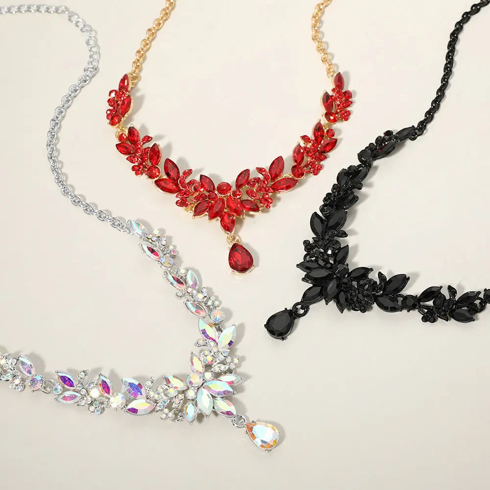 Teardrop Stone Cluster Pointed Marquise Stone Cluster Embellished Evening Necklace