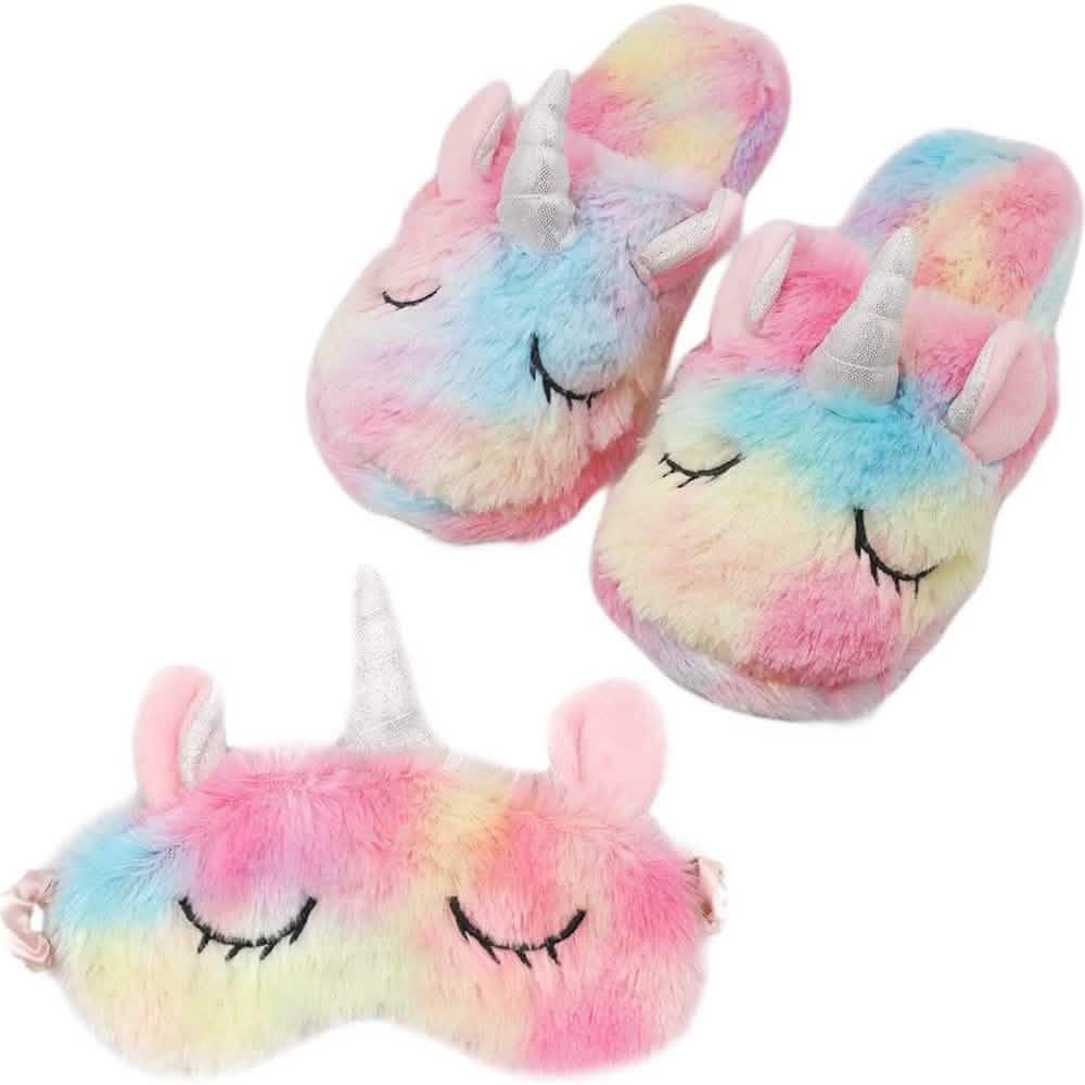 Juego de zapatillas de felpa y antifaz de unicornio