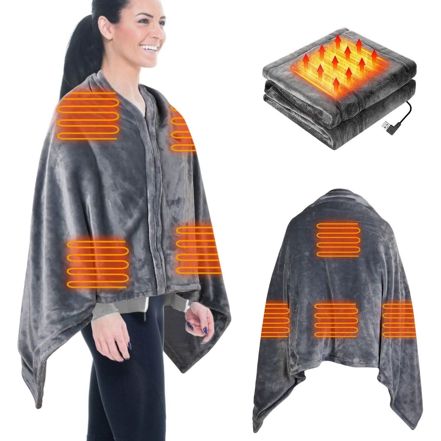 Manta Eléctrica USB Tipo Poncho, Chal, Manta con Cierre, Lavable