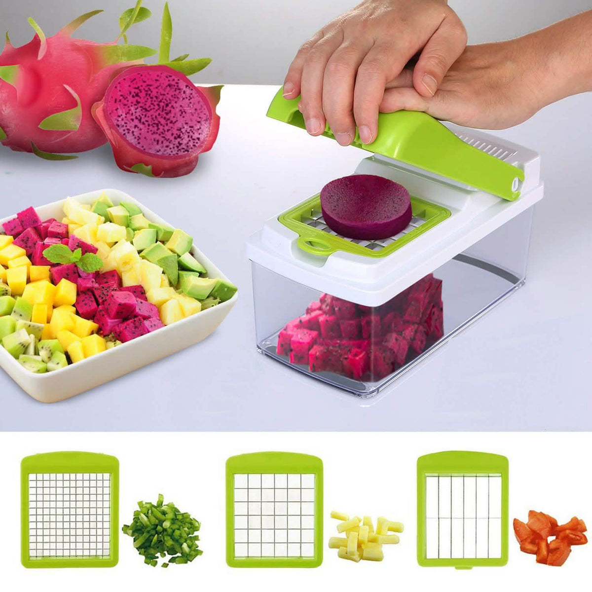 Juego de cortador de verduras con 3 cuchillas picador de alimentos de acero inoxidable