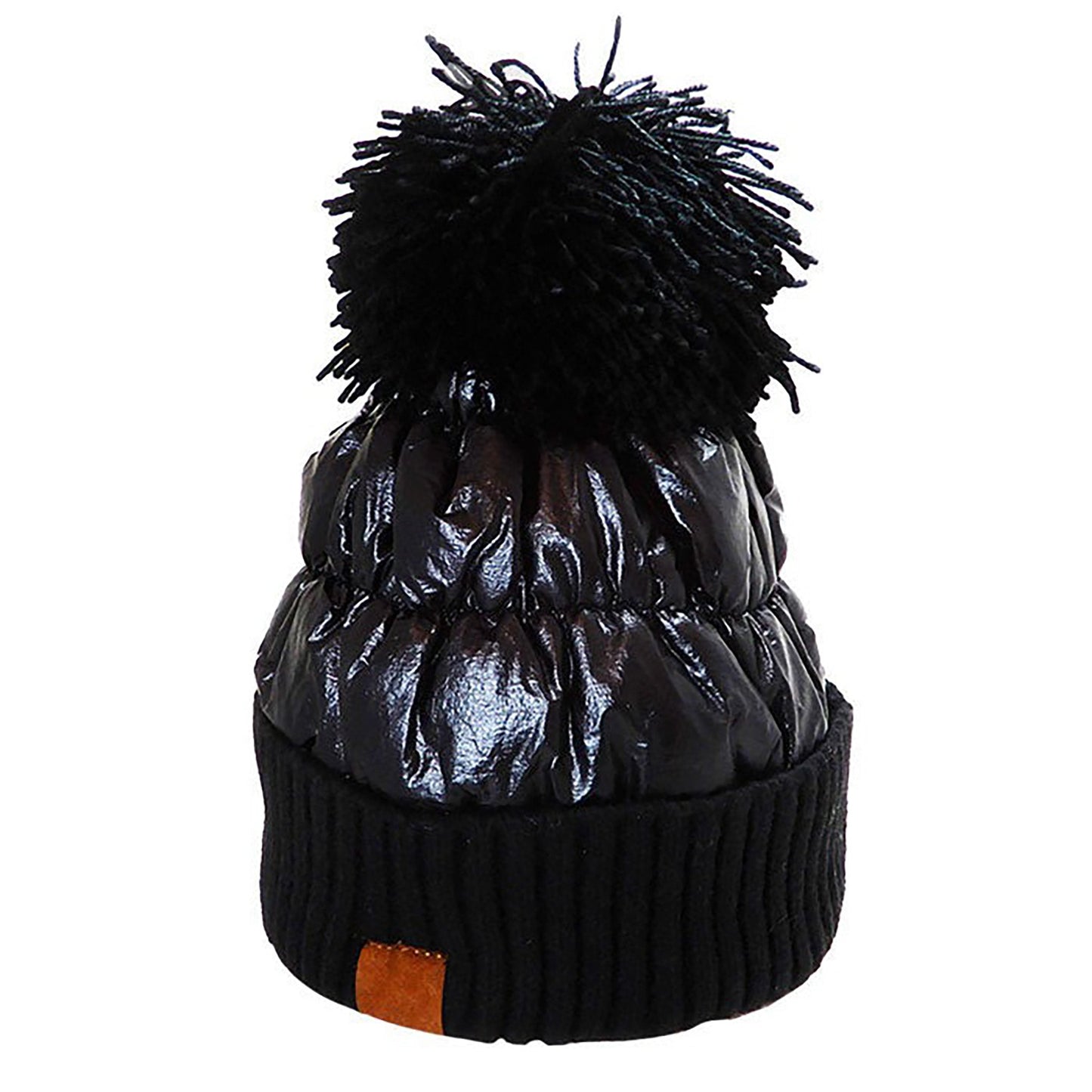 Women's Winter Cozy Puffer Knit Pom Glossy Beanie Hat