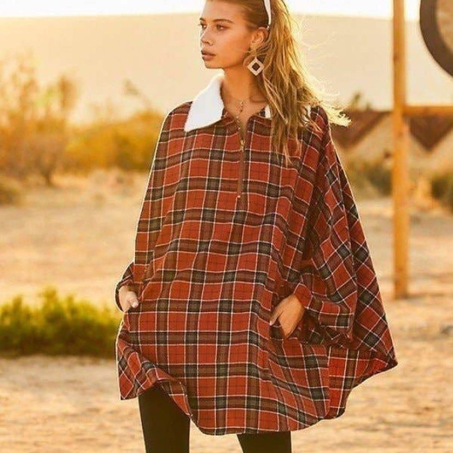 Poncho de invierno a cuadros con bolsillos