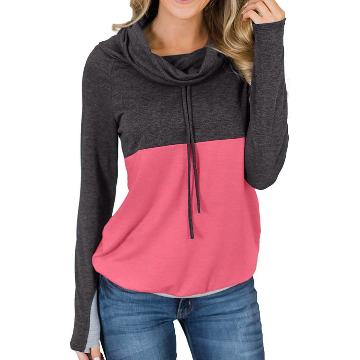 Sudadera tipo túnica casual con cuello vuelto para mujer, cordón, manga larga, patchwork de bloques de color, tops tipo suéter.