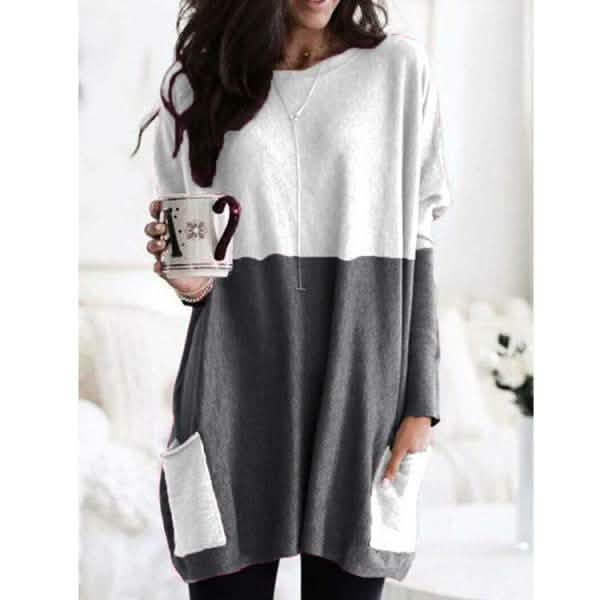 Camiseta de manga larga casual para mujer con bolsillo, talla grande, blusa superior suelta