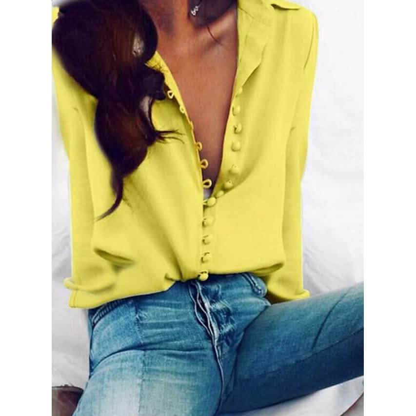 Blusa de mujer, color liso, manga larga, cuello en V con botones, estilo básico