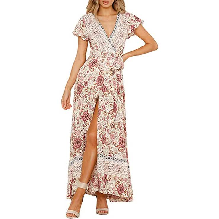 Vestido maxi cruzado con cuello en V y estampado floral bohemio para mujer
