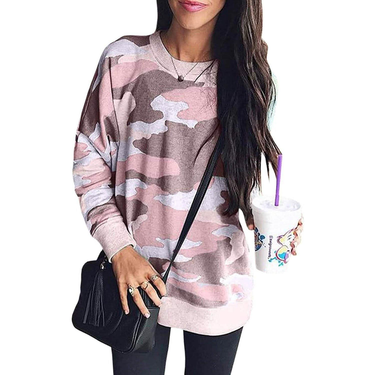 Sudadera informal de manga larga con estampado de camuflaje y leopardo para mujer