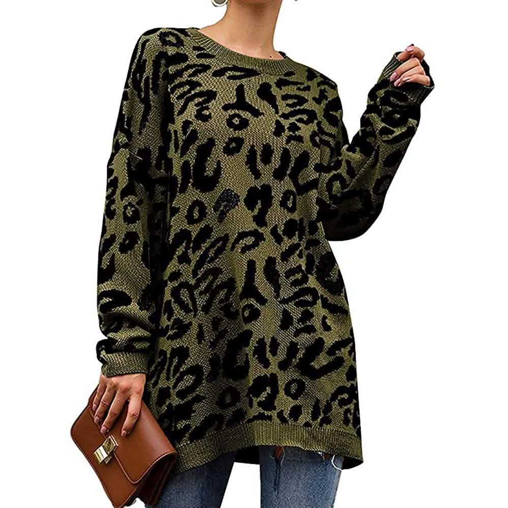Suéteres de punto holgados de manga larga con cuello redondo y estampado de leopardo informales para mujer