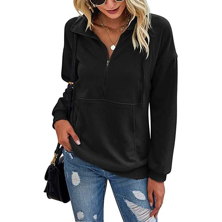 Tops sueltos tipo jersey de manga larga casual para mujer con solapa, cremallera y cordón ajustable