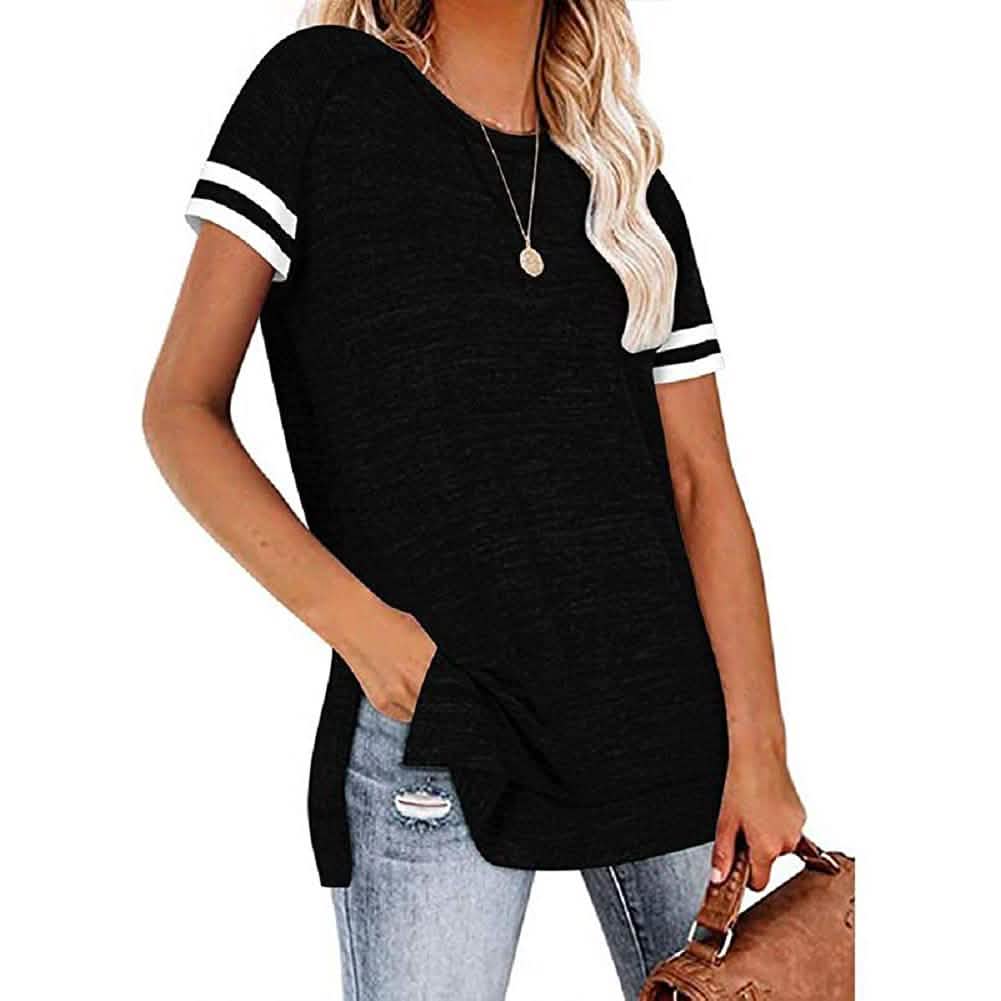 Blusas túnica casuales para mujer, manga corta, cuello redondo, camiseta con abertura lateral y bloques de color