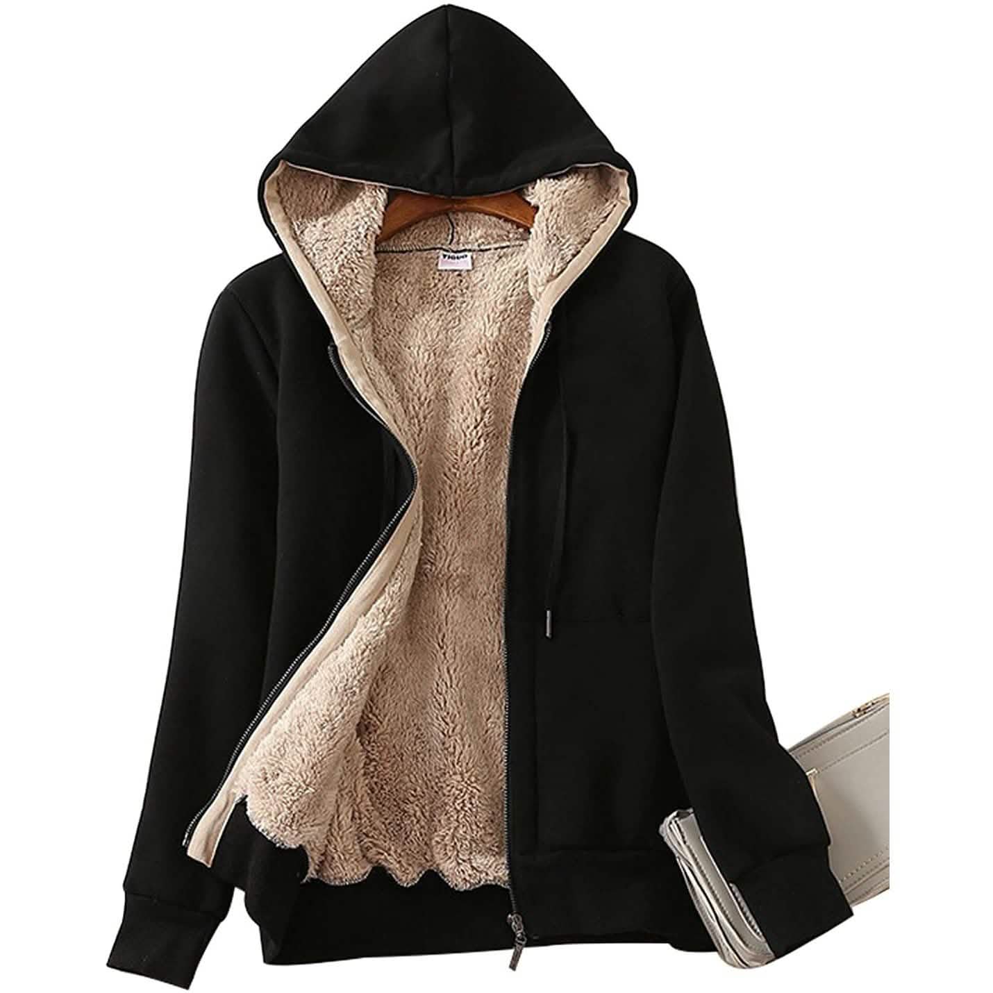 Chaqueta con capucha y cremallera para mujer, forrada de sherpa, cálida, casual, de invierno