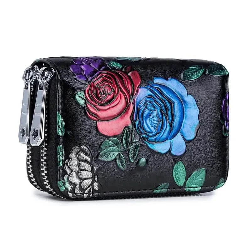 Tarjetero y monedero de cuero sintético floral con doble cremallera para mujer