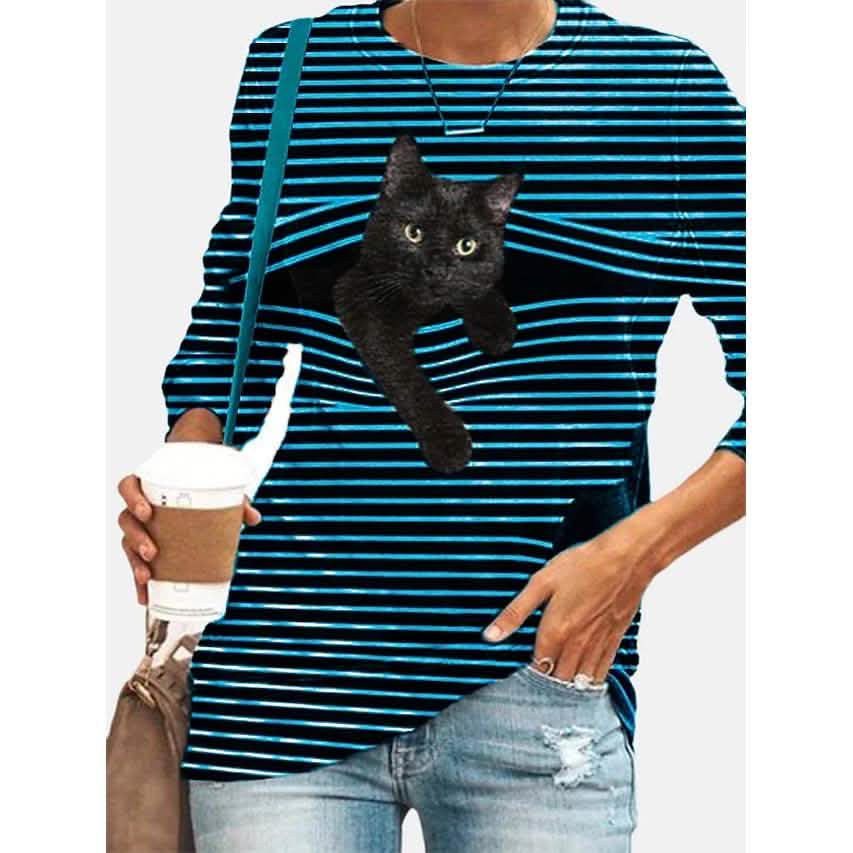 Camiseta de manga larga con estampado de dibujos animados en 3D de gato a rayas, cuello redondo, túnica de Halloween para mujer