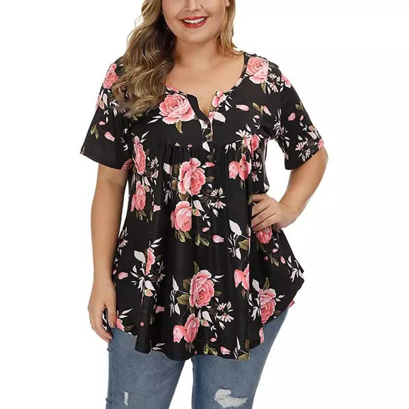 Camisetas Henley florales de manga corta para mujer